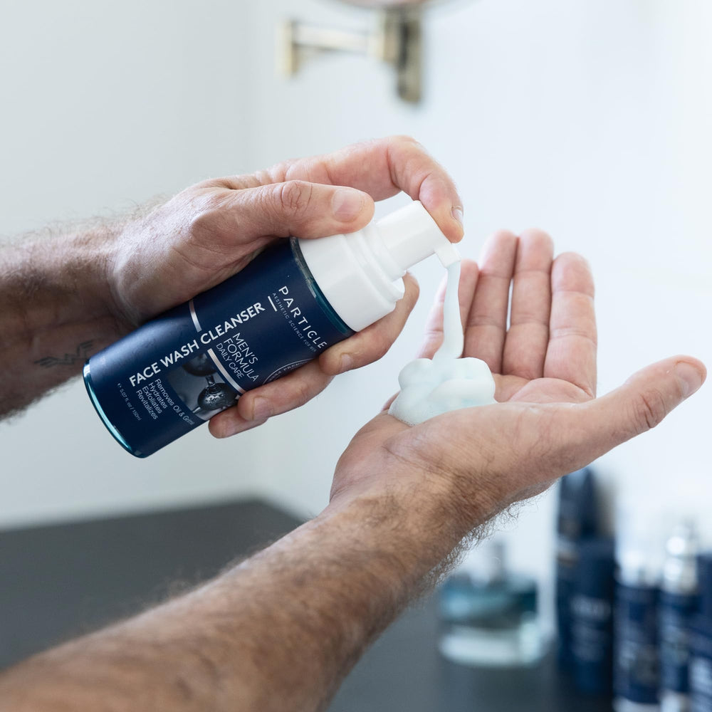 Particle Mens Face Wash highlights allantoin, cinnamon, panthenol in formula.