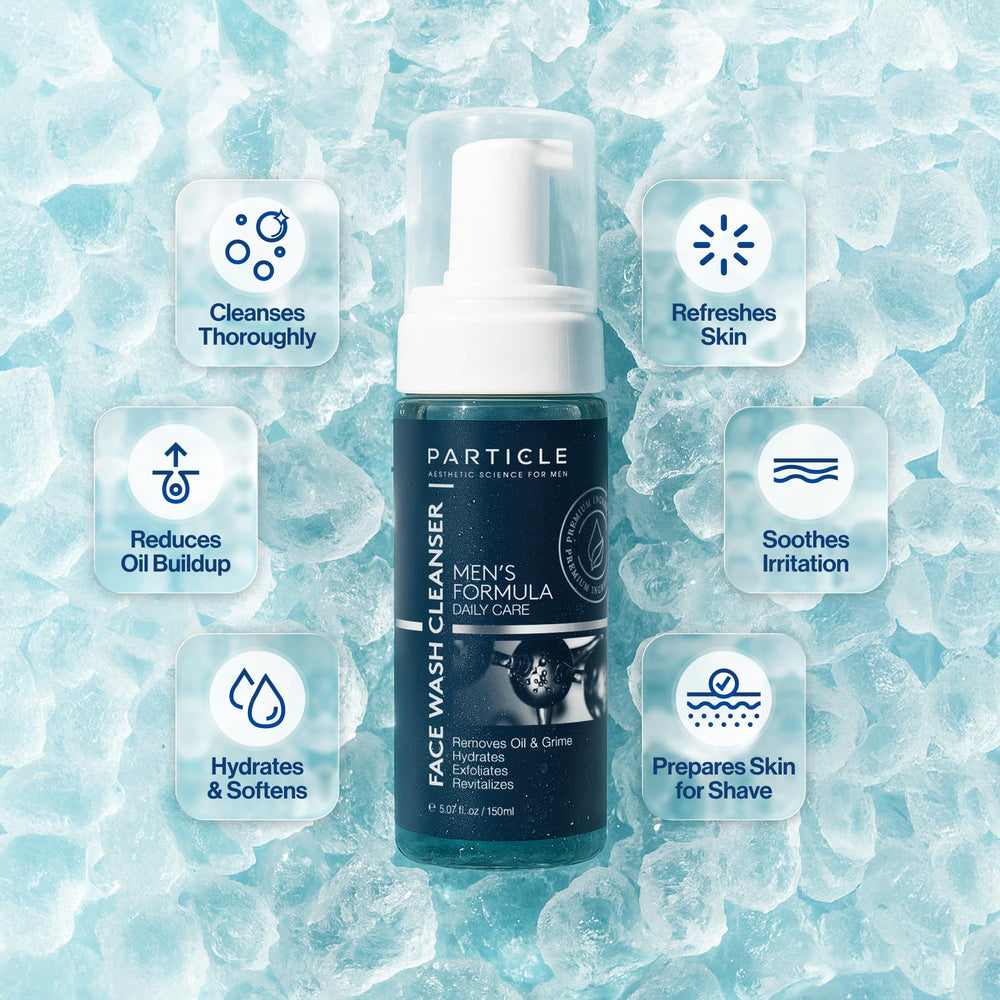 Particle Mens Face Wash quick-lather foaming action for a refreshed look.