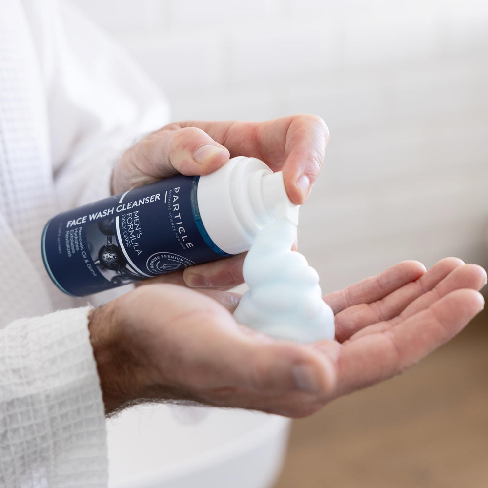 Particle Mens Face Wash suitable for shower use and on-the-go.