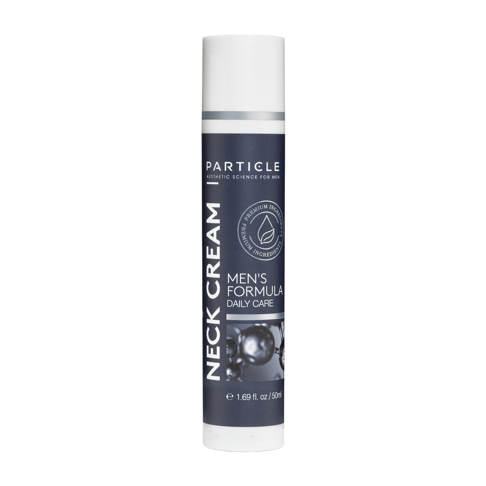 Particle Neck Cream bottle for men with quick-absorbing hydration.