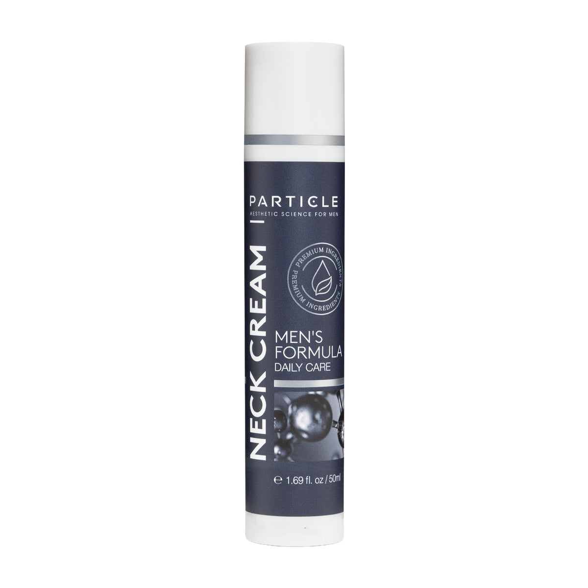 Particle Neck Cream bottle for men with quick-absorbing hydration.