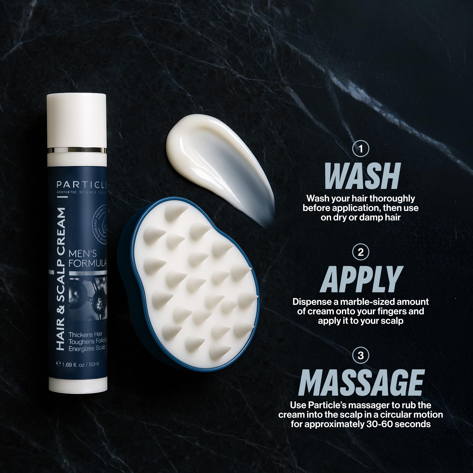 Particle nine-ingredient formulation highlights biotin and niacinamide for scalp care.
