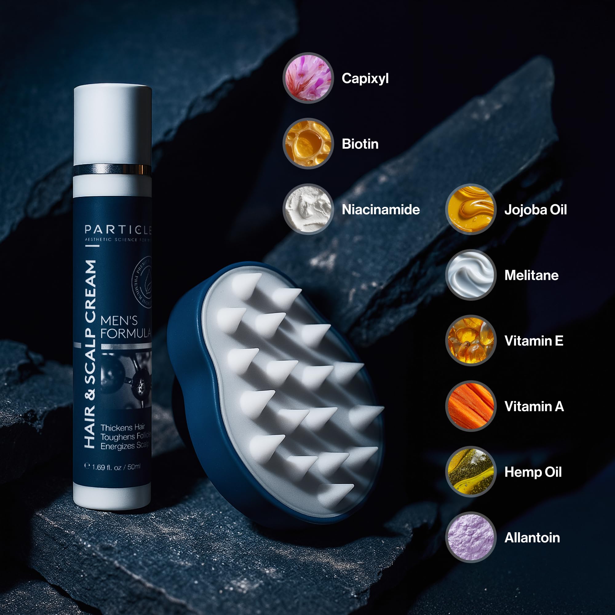 Particle Scalp Massager with ergonomic handle enabling comfortable, precise application.
