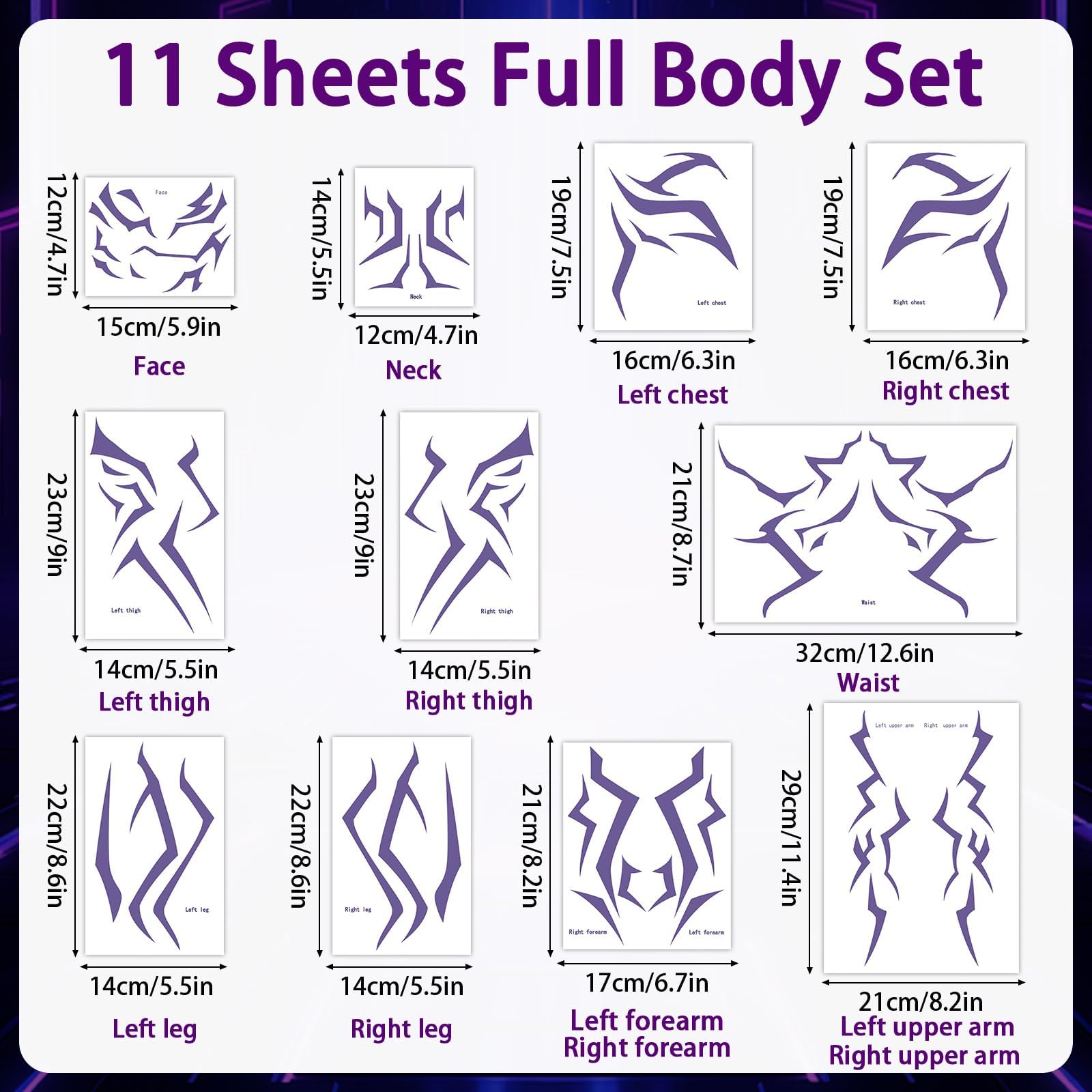 Party Greeting purple demon arms tattoos for dynamic character styling.