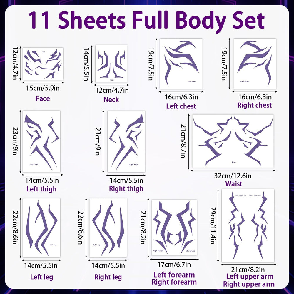 Party Greeting purple demon arms tattoos for dynamic character styling.