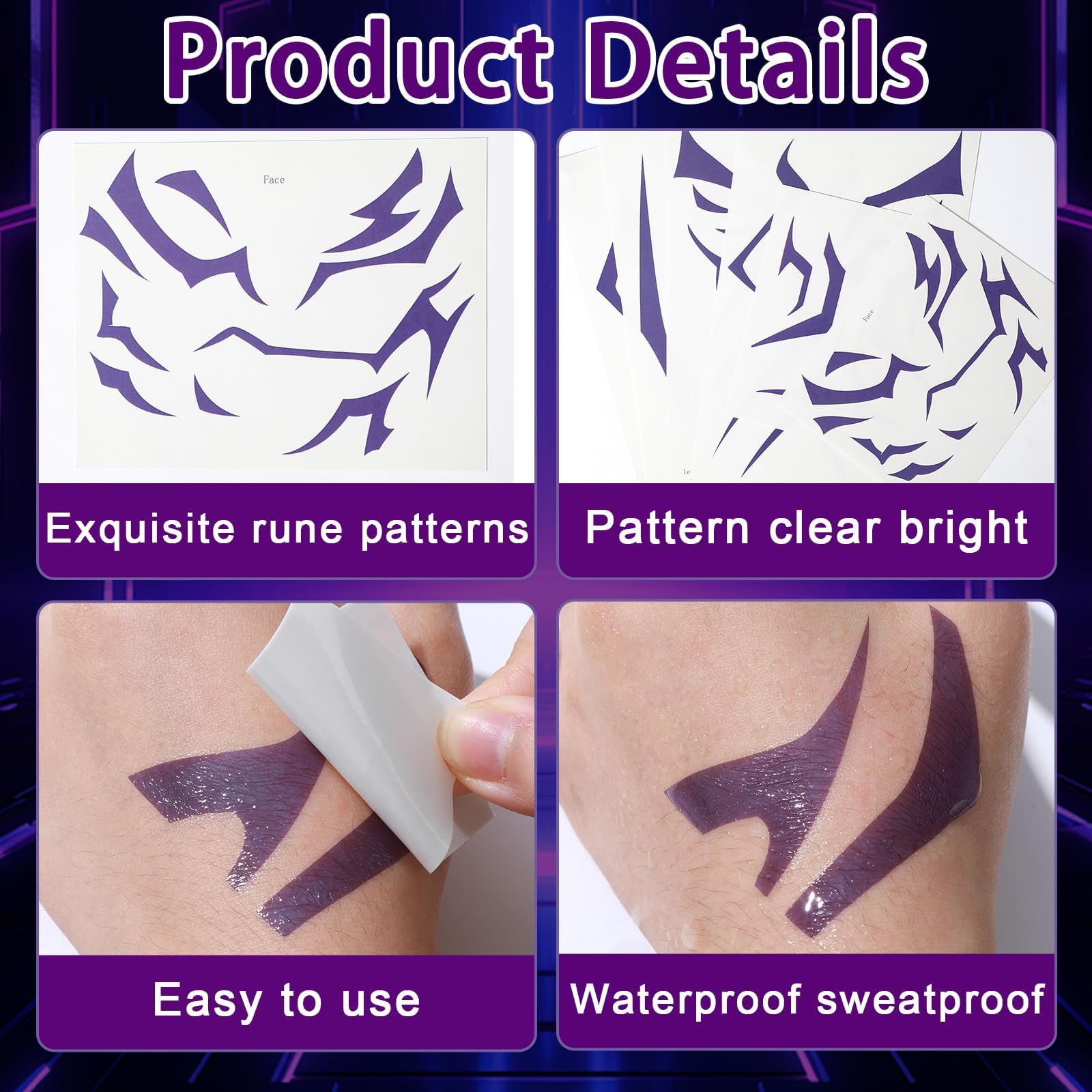 Party Greeting purple demon chest tattoos for bold stage-ready flair.