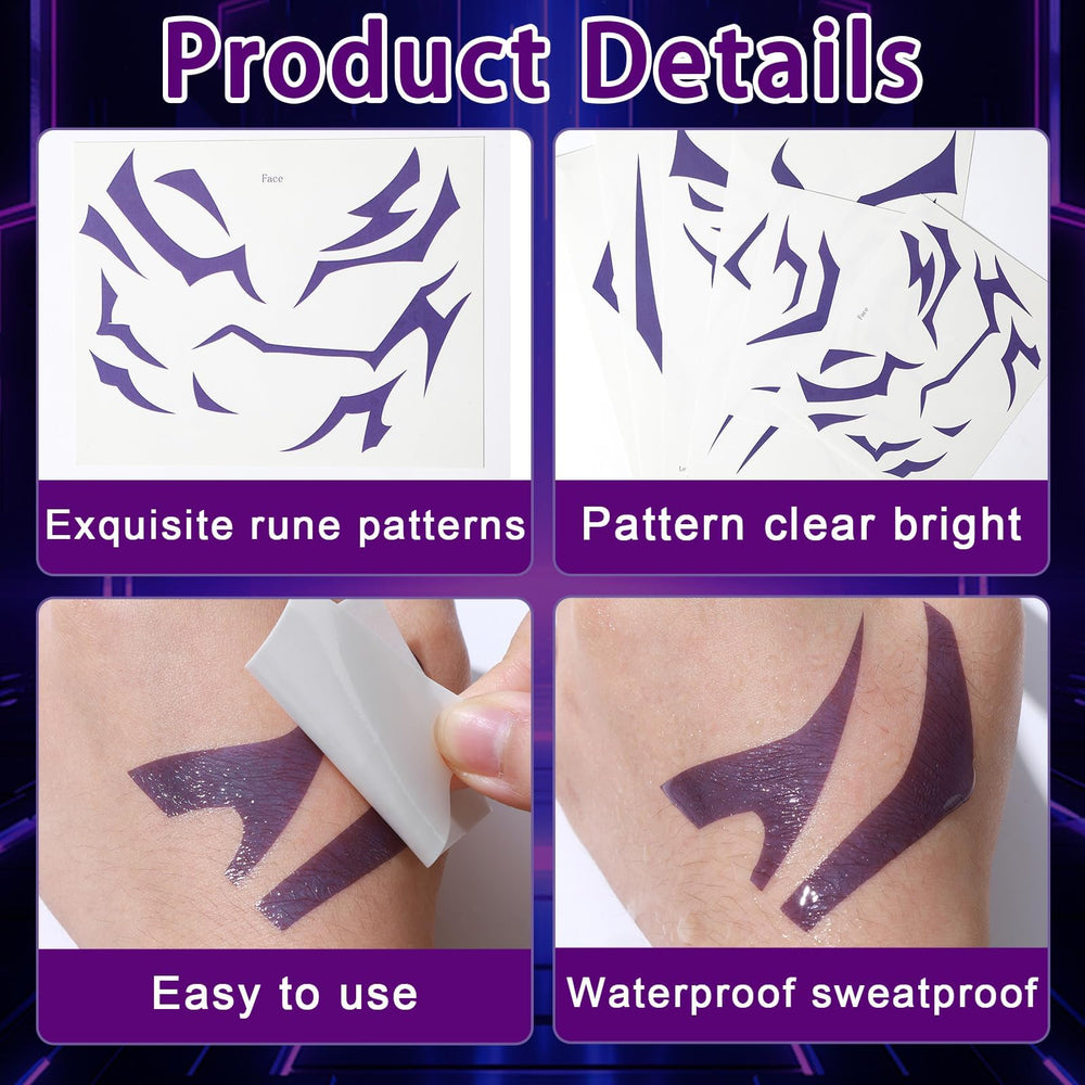 Party Greeting purple demon chest tattoos for bold stage-ready flair.