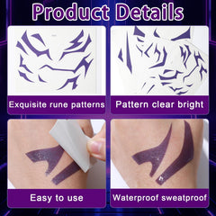 Party Greeting purple demon chest tattoos for bold stage-ready flair.