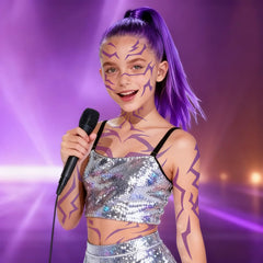 Party Greeting purple demon legs tattoos for full-body cosplay impact.