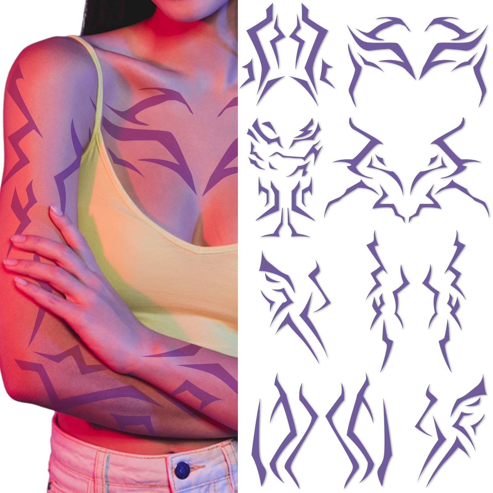 Party Greeting purple demon face tattoos for cosplay and party looks.