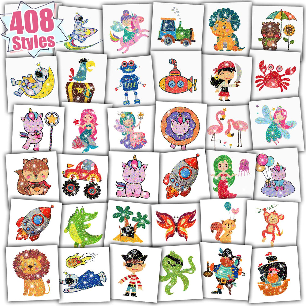 Partywind 408 glitter tattoos pack displayed for kids' party favors and colorful party fun.