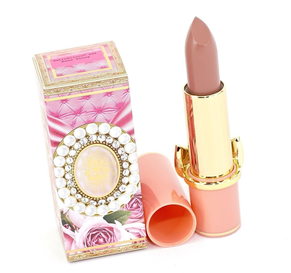 PAT McGrath Labs SatinAllure Lipstick Nude Venus tube closeup highlights hydrating formula and satin sheen.