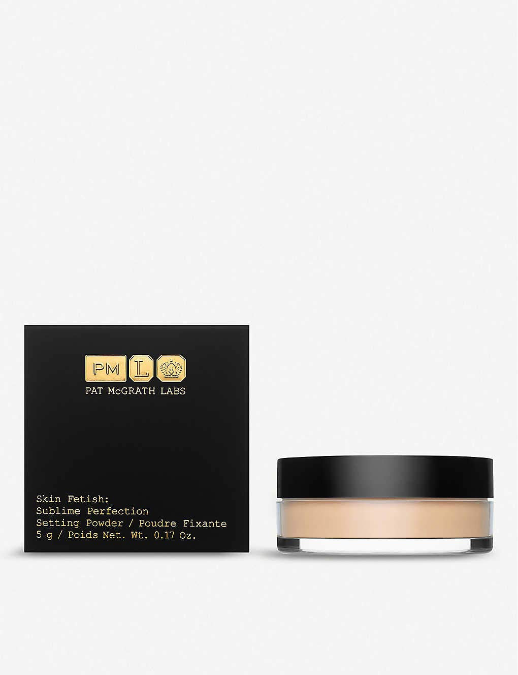 Pat McGrath Labs Sublime Perfection Setting Powder jar close-up for silky, natural finish.
