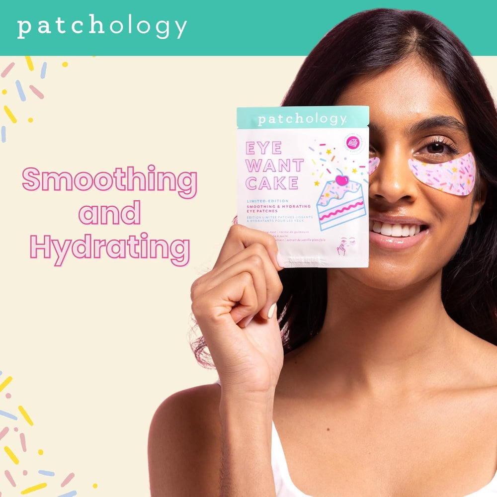 Patchology Eye Want Cake patches applied under the eyes illustrate soothing, de-puffing potential.