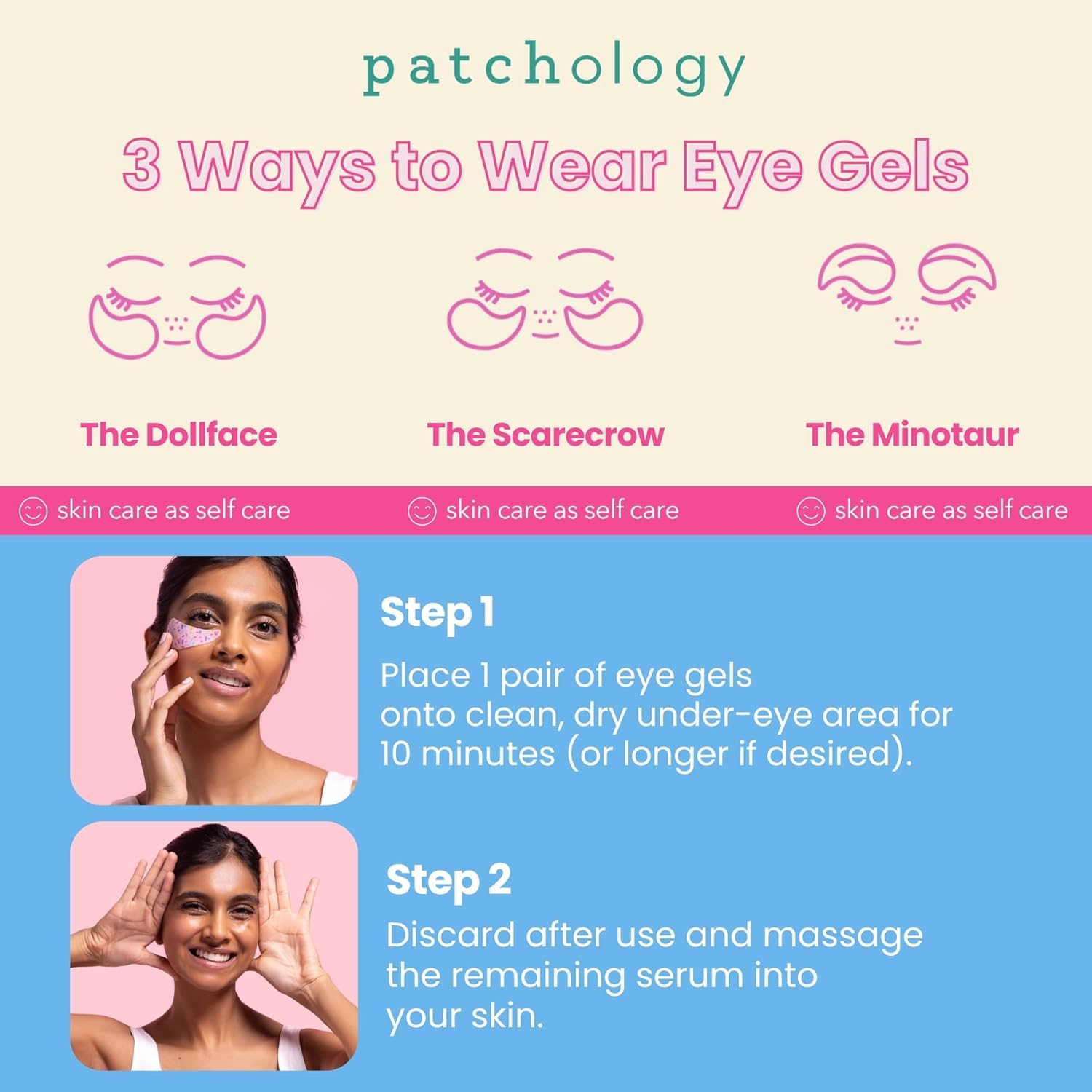 A 5-minute use concept for Patchology Eye Want Cake patches suggests quick refresh.