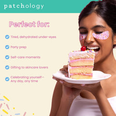 Patchology Eye Want Cake patches on skin demonstrate a no-slip fit during use.