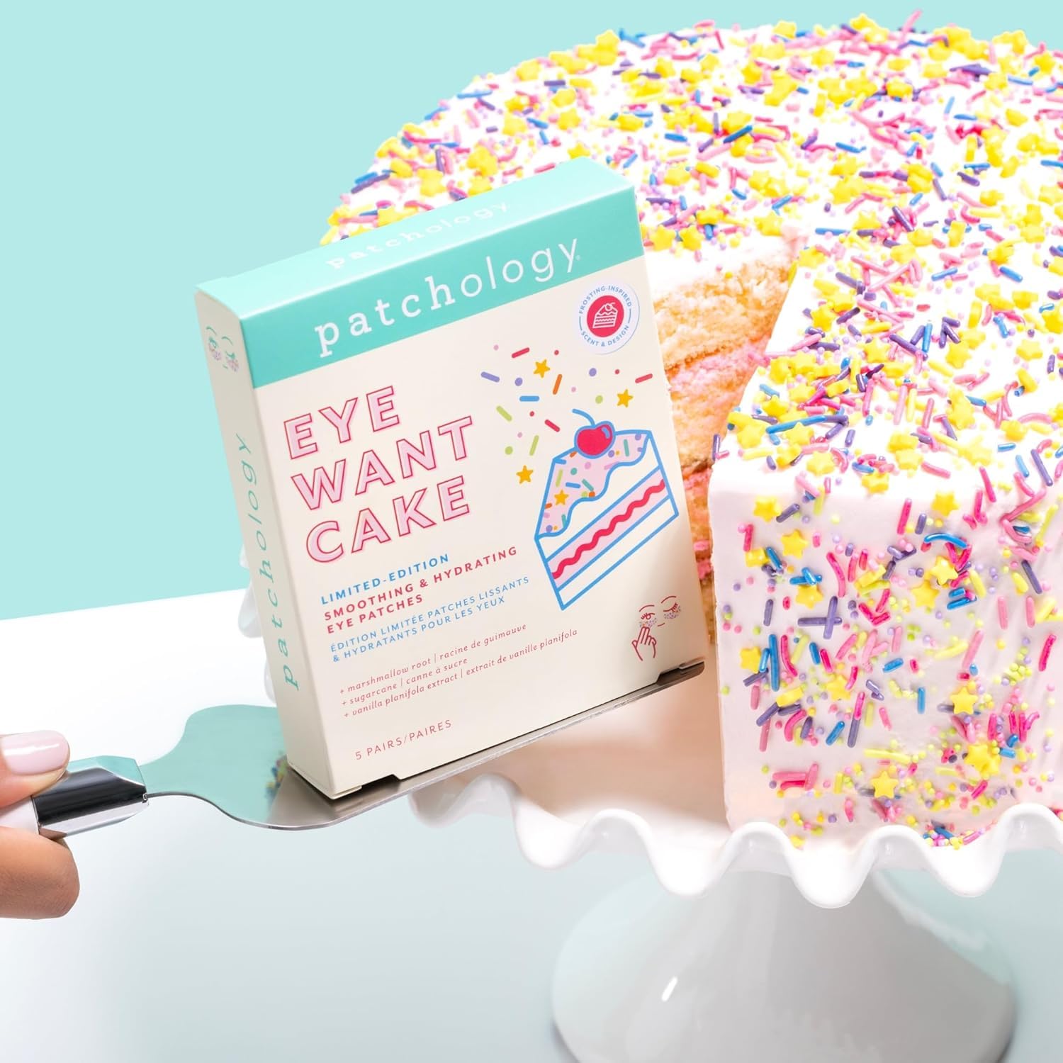 Close-up of Patchology Eye Want Cake patches reveals sprinkle design for playful self-care.