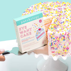 Close-up of Patchology Eye Want Cake patches reveals sprinkle design for playful self-care.