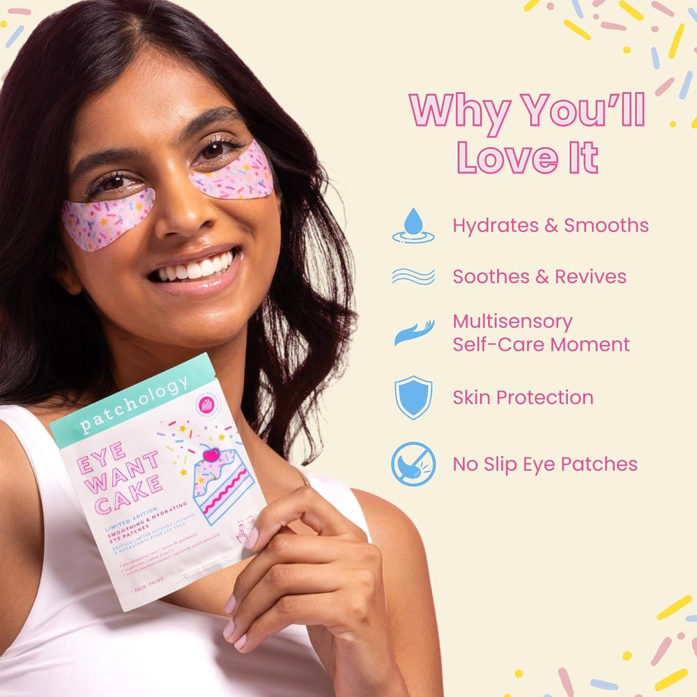 Sprinkle-design of Patchology Eye Want Cake patches evokes a festive self-care moment.