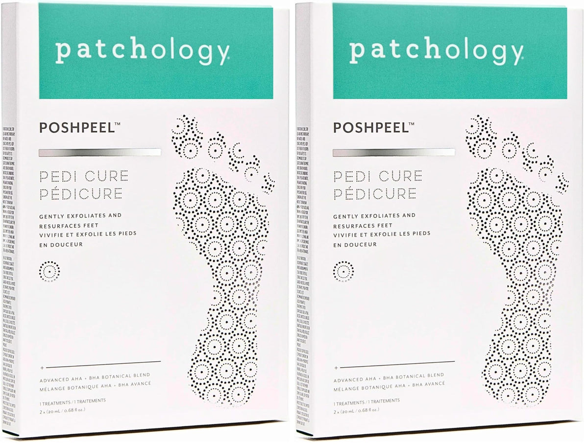 Patchology PoshPeel Pedi Cure booties on feet for exfoliation and smoother skin
