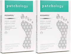Patchology PoshPeel Pedi Cure booties on feet for exfoliation and smoother skin
