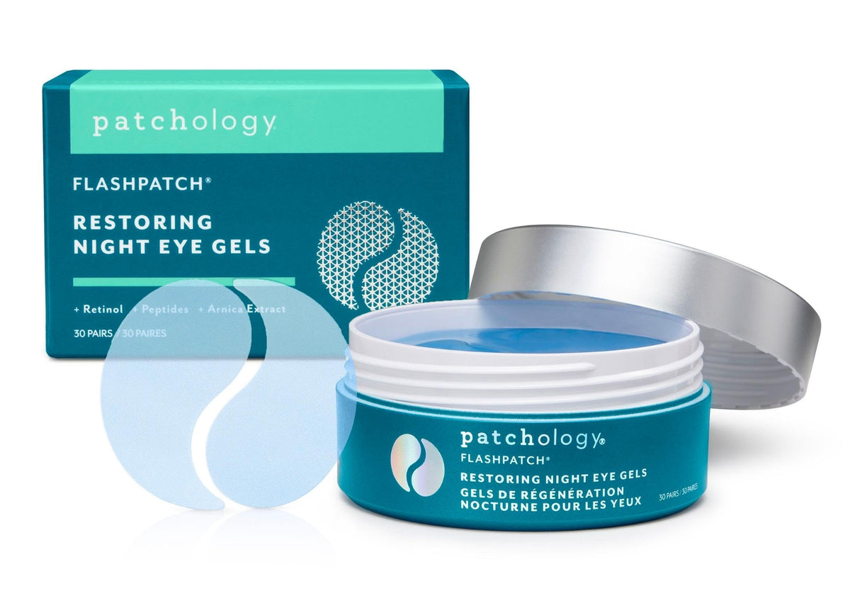 Patchology Restoring Eye Patches packaging highlights retinol and collagen for brightening