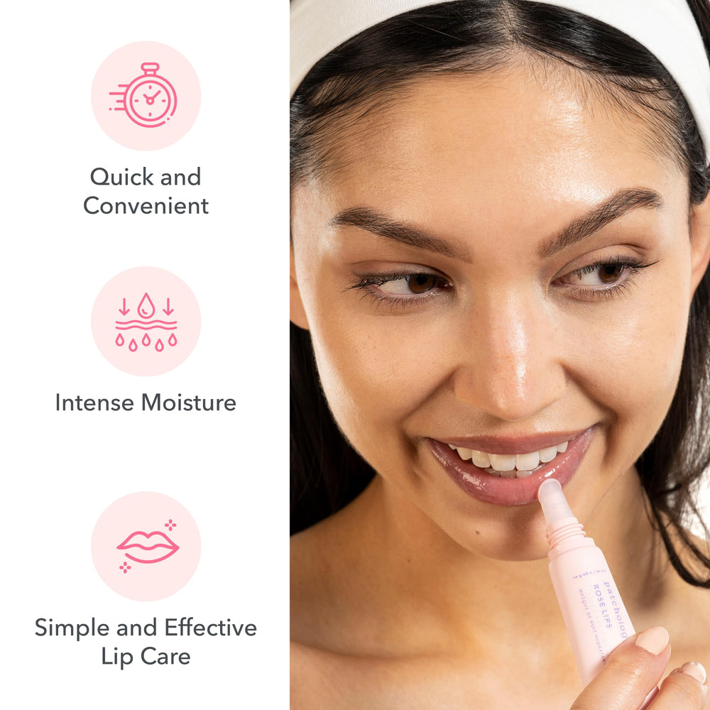 Patchology Rosé Lip Sleeping Mask bottle focuses on hyaluronic acid for moisture.