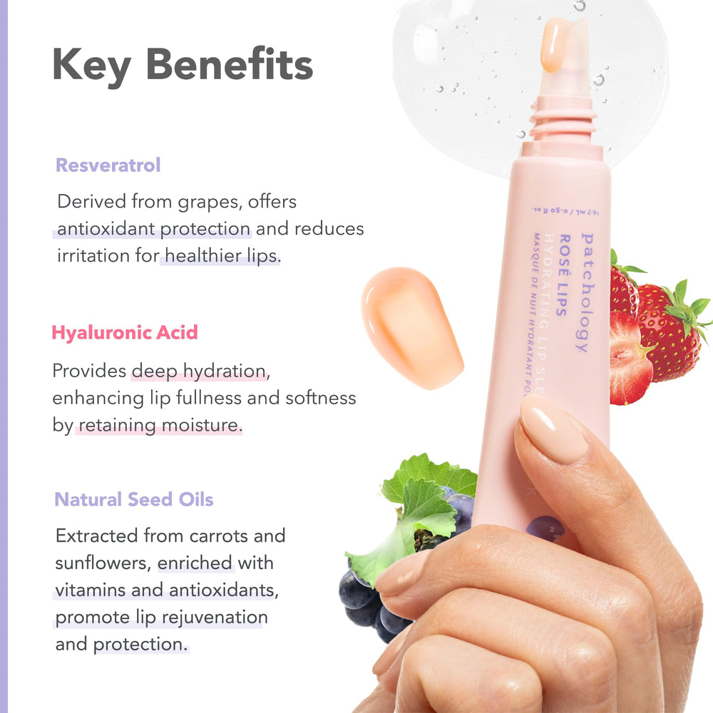 Patchology Rosé Lip Sleeping Mask texture closeup highlighting hydrating formula.