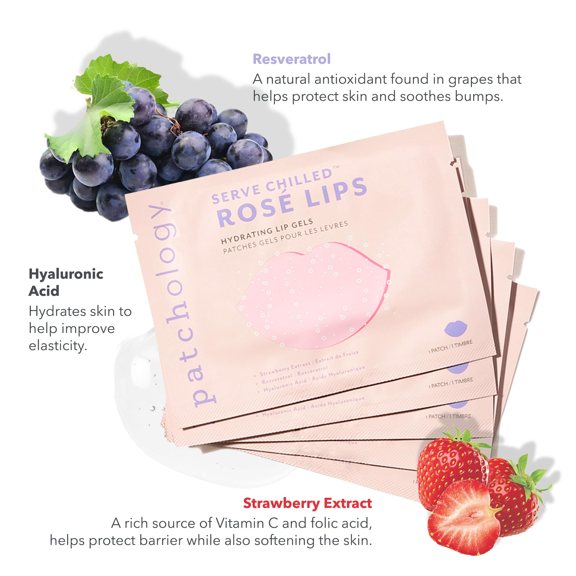 Patchology Serve Chilled Rosé Gel Lip Mask close-up, refreshing texture for quick moisture.