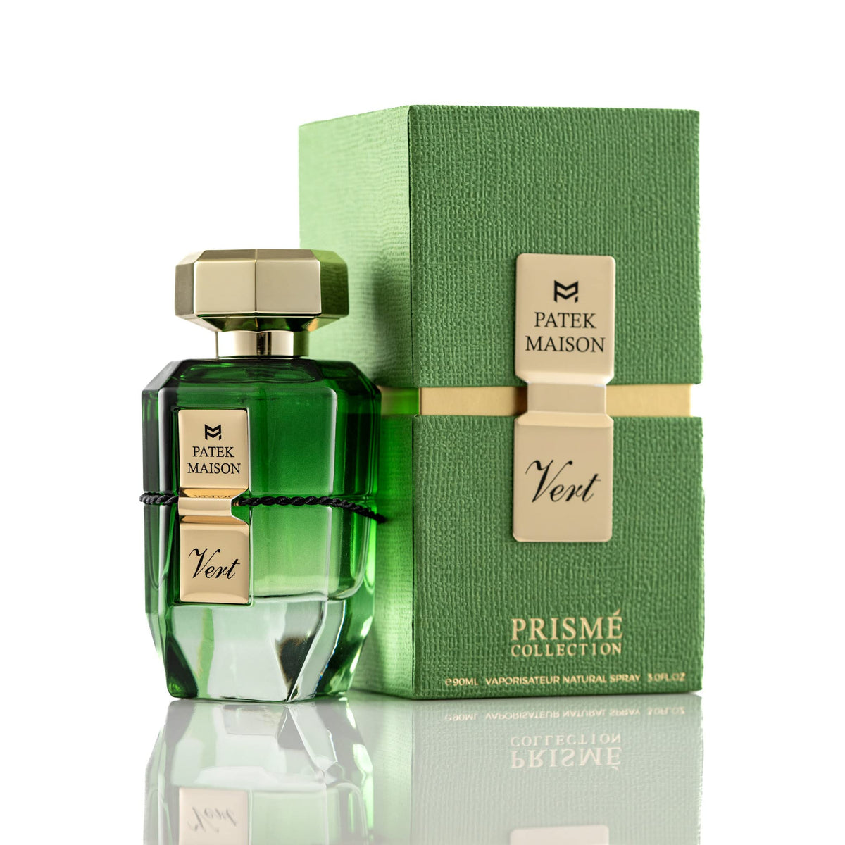 Patek Maison Prisme Vert bottle front shows vibrant green glass and premium design