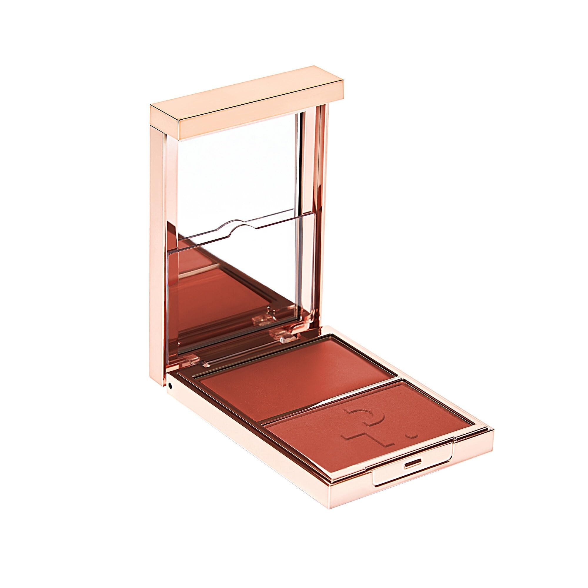 Open palette with creme and powder swatches on skin for blendable color