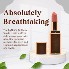 Patrick Ta Major Headlines Matte Suede Lipstick Shy close-up demonstrates creamy glide.