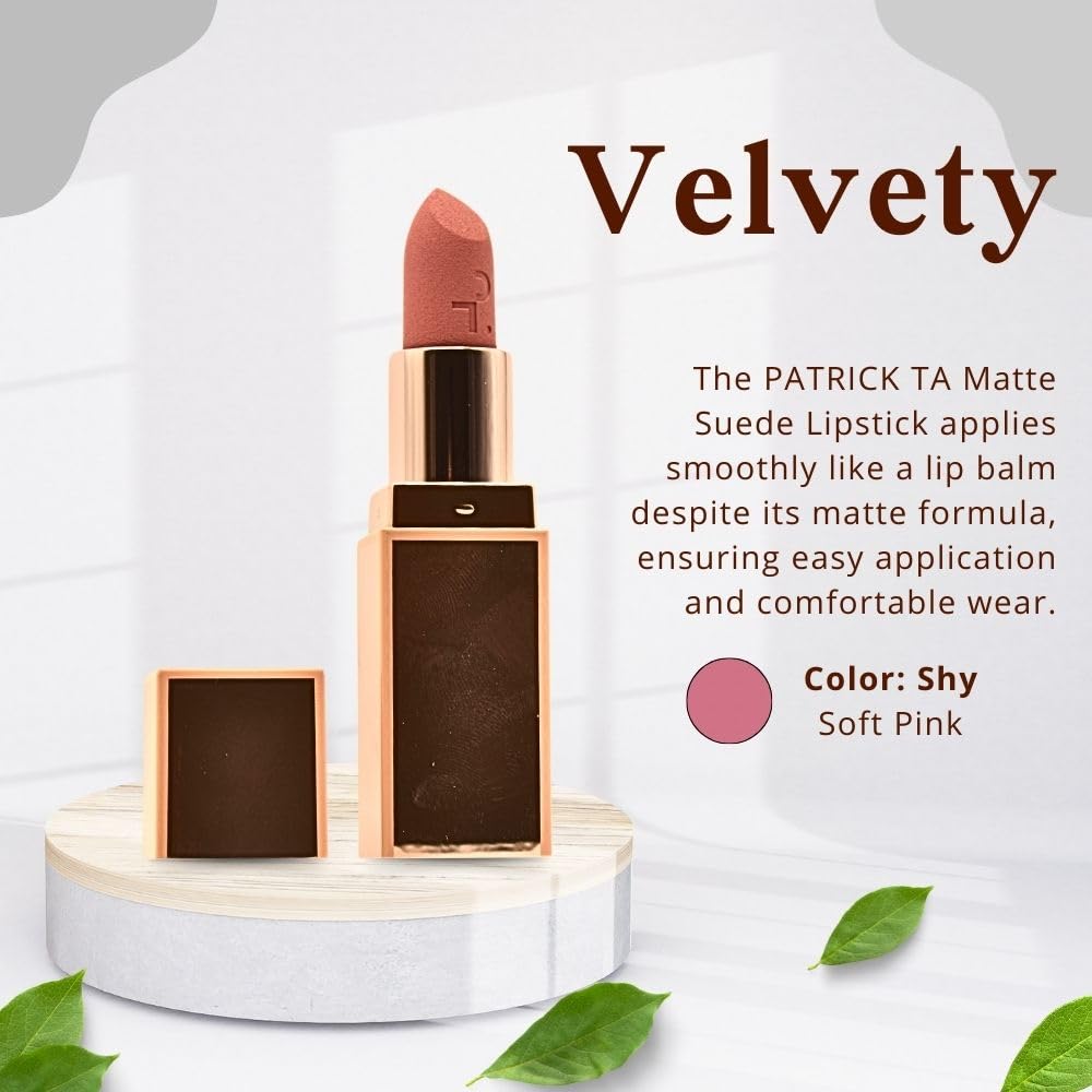 Patrick Ta Major Headlines Matte Suede Lipstick Shy packaging looks sleek and premium.