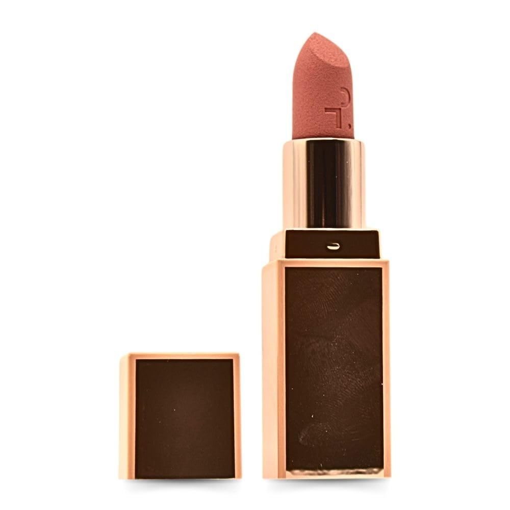 Patrick Ta Major Headlines Matte Suede Lipstick Shy swatch shows soft pink pigment and long wear.