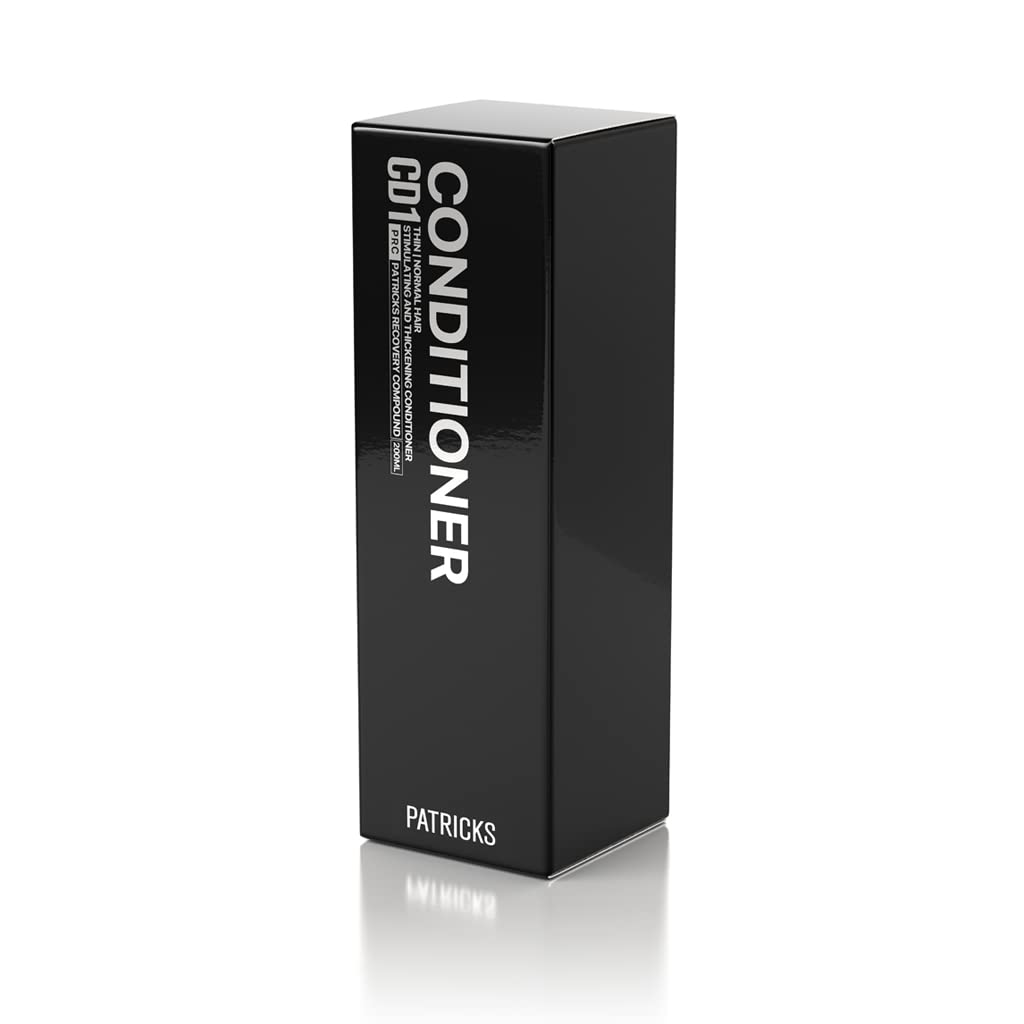 PATRICKS CD1 thickening conditioner label close-up highlights hair care benefits.