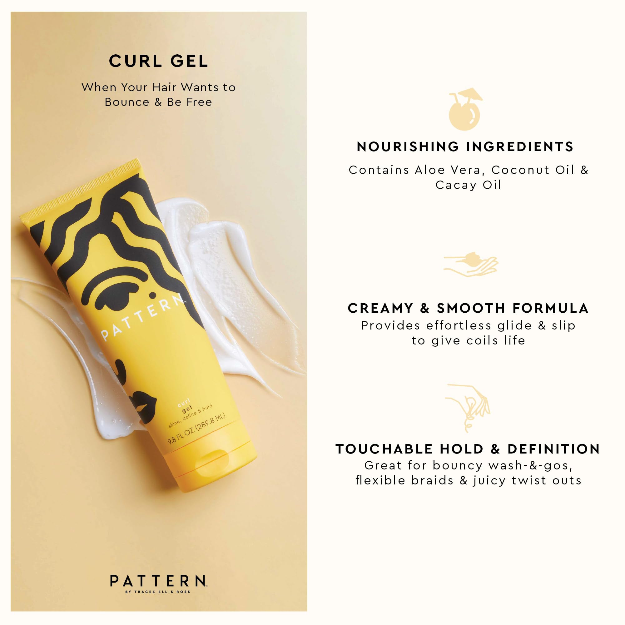 PATTERN Curl Gel with Aloe, Coconut Oil, and Cacay Oil ready to nourish and define curls.