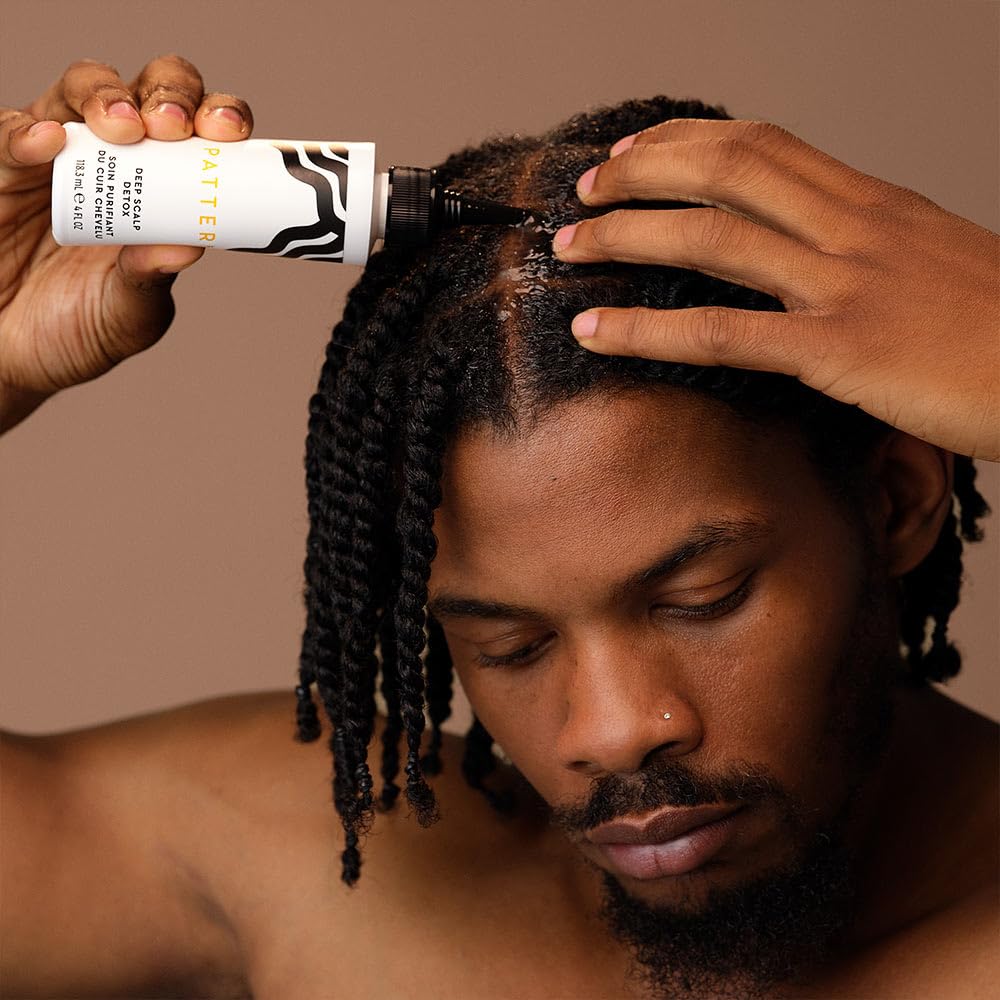 PATTERN Deep Scalp Detox bottle label highlighting 2-in-1 cleansing benefits