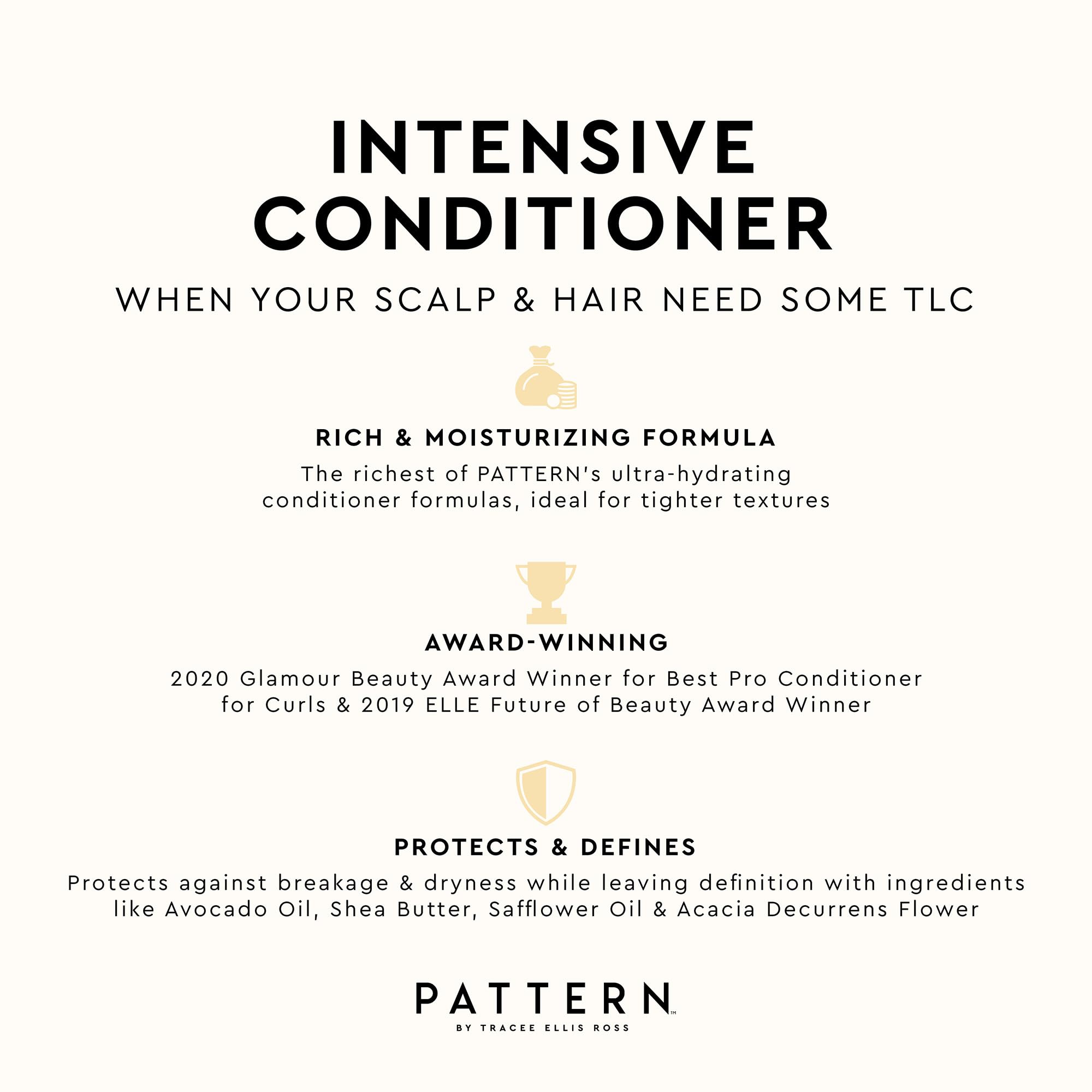 Lifestyle shot of a hair care routine with PATTERN conditioner.