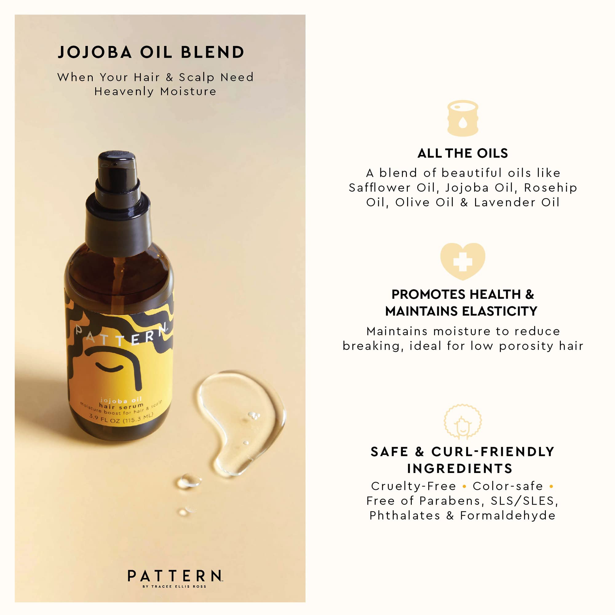PATTERN Jojoba Hair Serum dispenser enables easy, mess-free application.