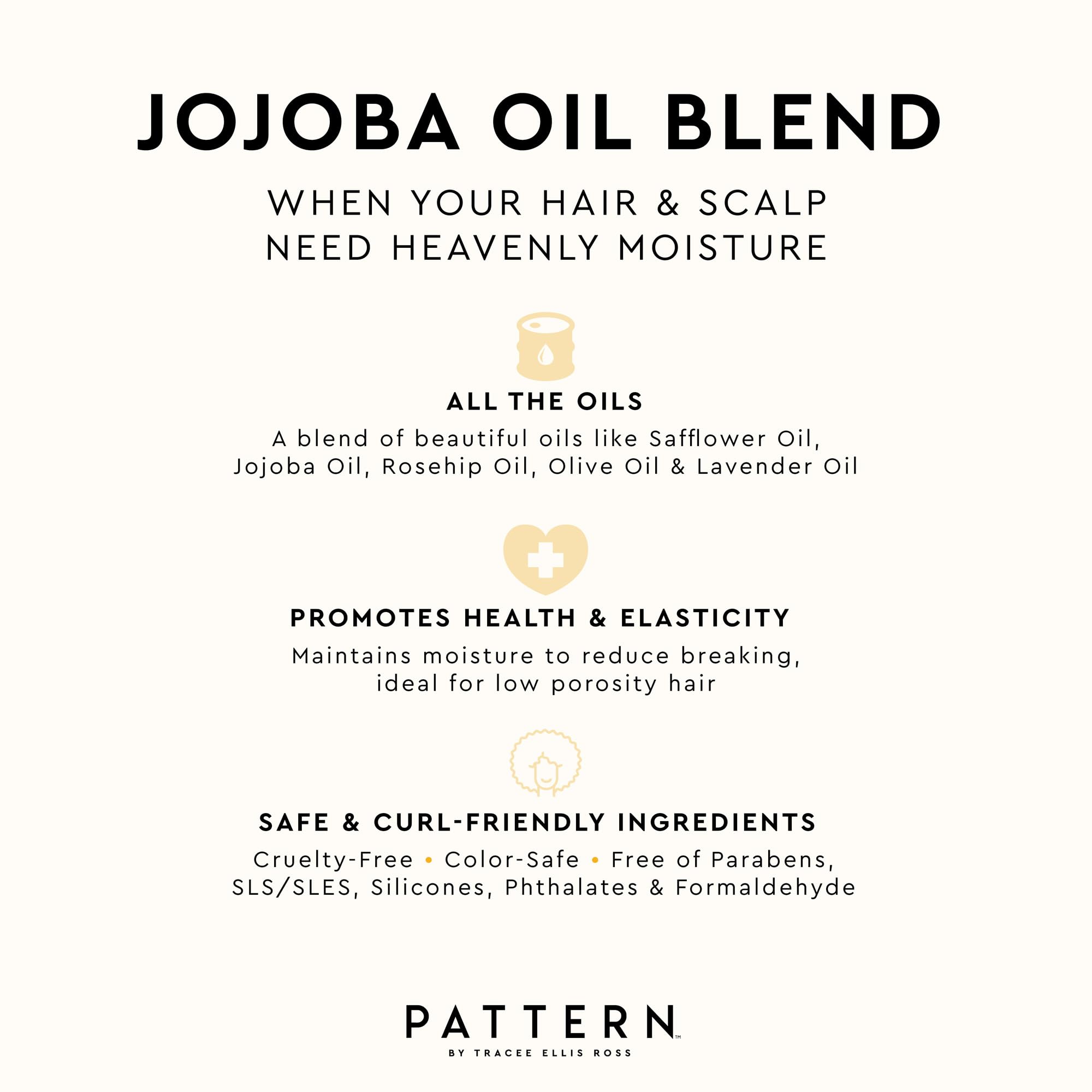 PATTERN Jojoba Hair Serum ingredients visual shows safflower, jojoba, rosehip oils.