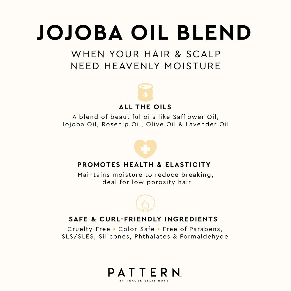 PATTERN Jojoba Hair Serum ingredients visual shows safflower, jojoba, rosehip oils.