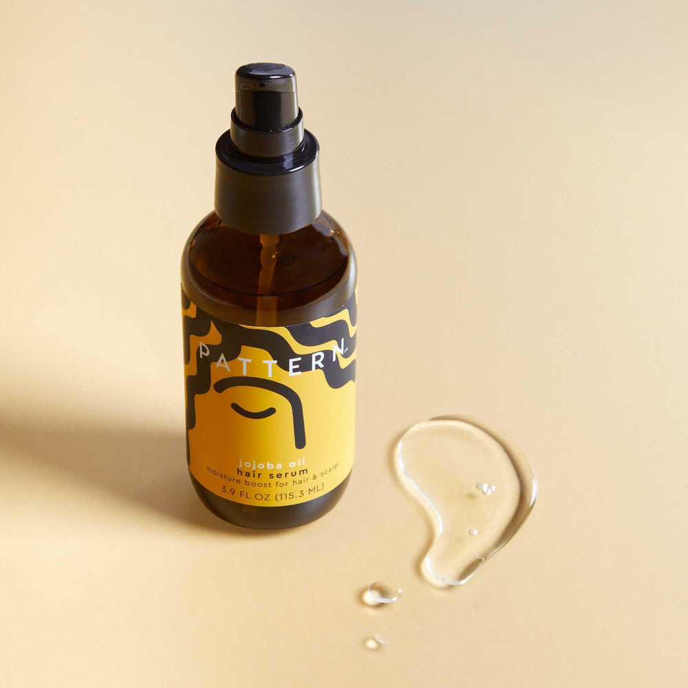 PATTERN Jojoba Hair Serum packaging box highlights portable, travel-friendly design.