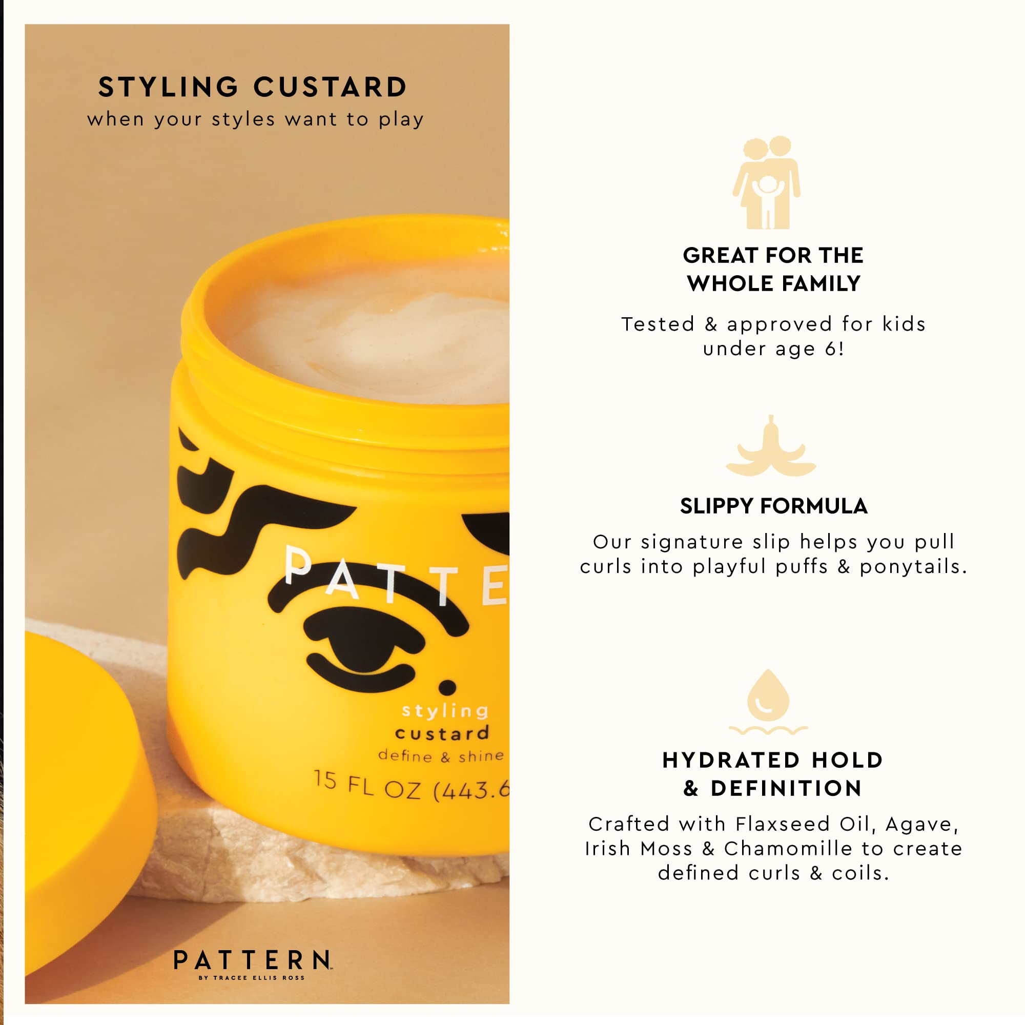 PATTERN Styling Custard bottle dispensing action highlights easy application.