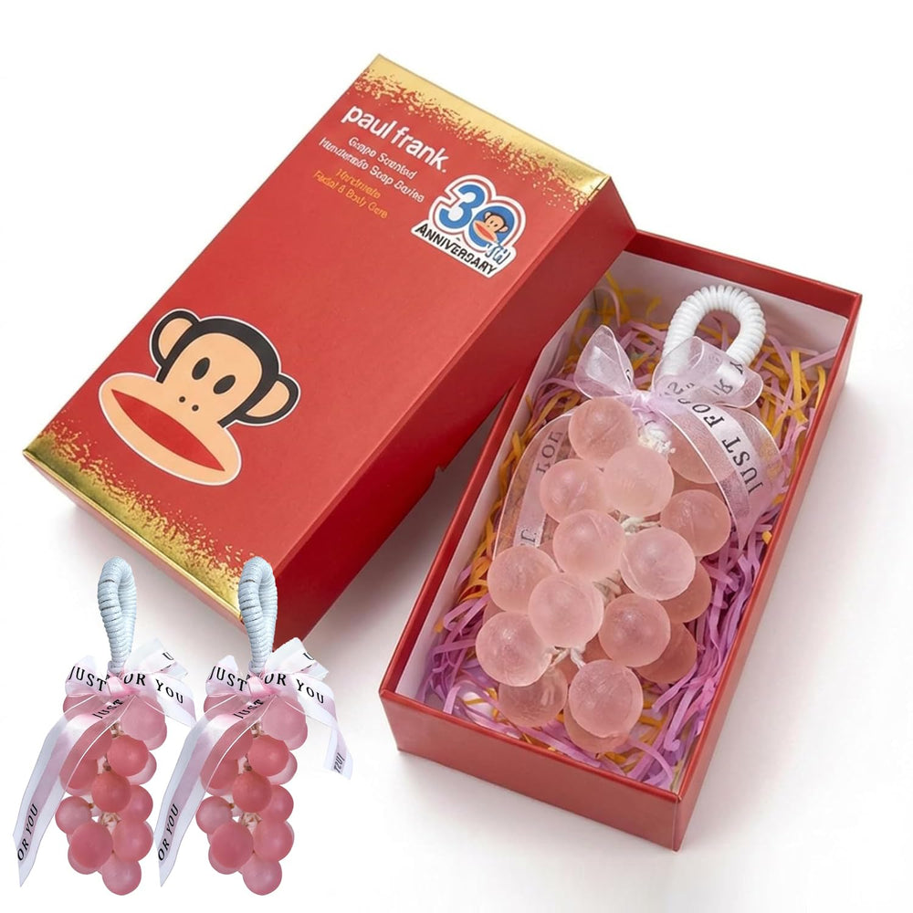 Paul Frank grape soap on a rope hangs neatly for mess-free showers.