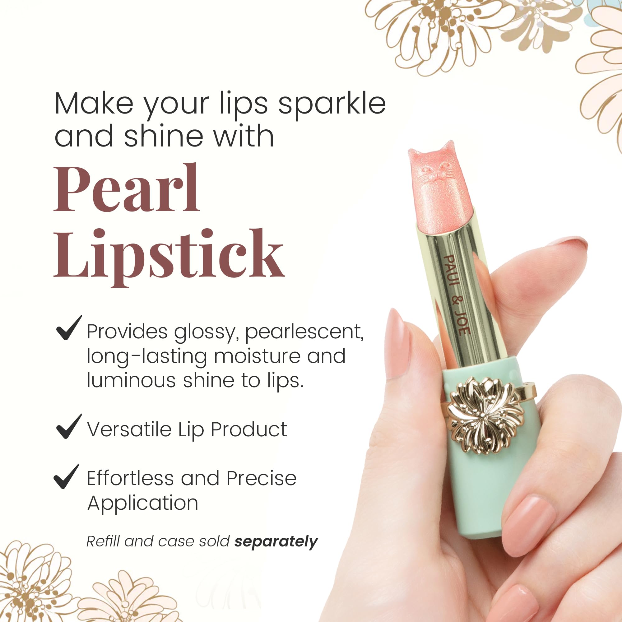 Paul & Joe Pearl Lipstick refill hydrates lips with jojoba oil for lasting comfort.