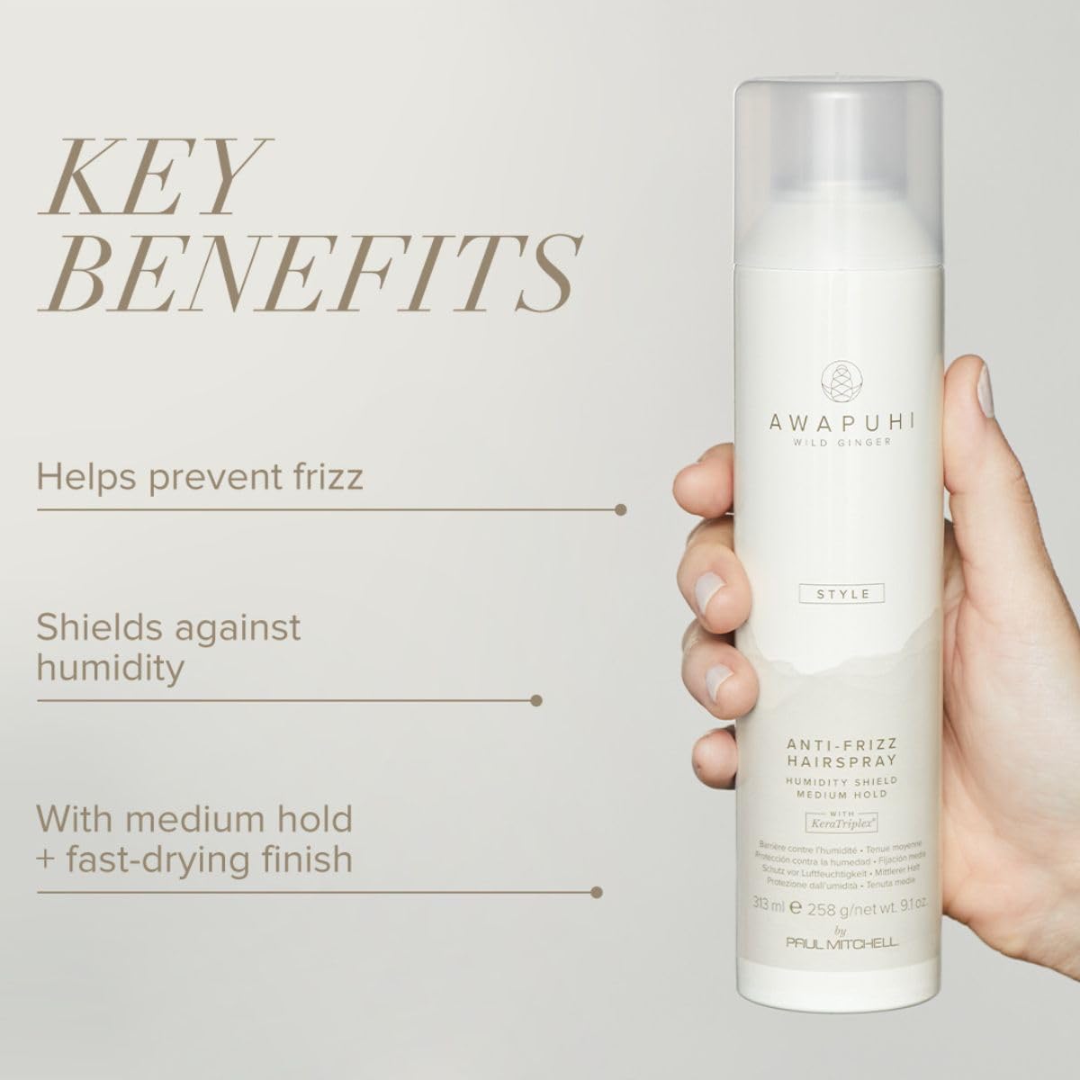 Paul Mitchell Awapuhi hairspray mist disperses evenly for quick styling.
