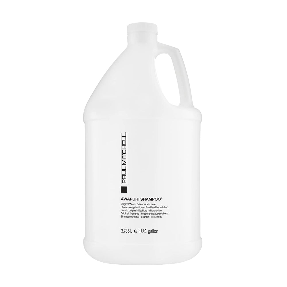 Paul Mitchell Awapuhi Shampoo gallon packaging label highlights Hawaiian awapuhi benefits.