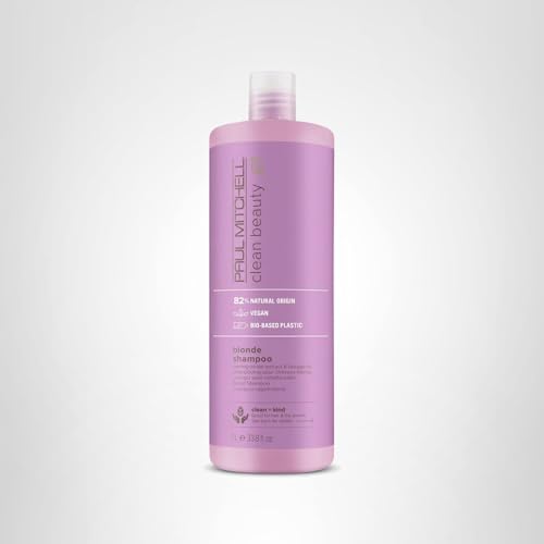 Paul Mitchell Blonde Purple Shampoo on bathroom vanity with clean styling