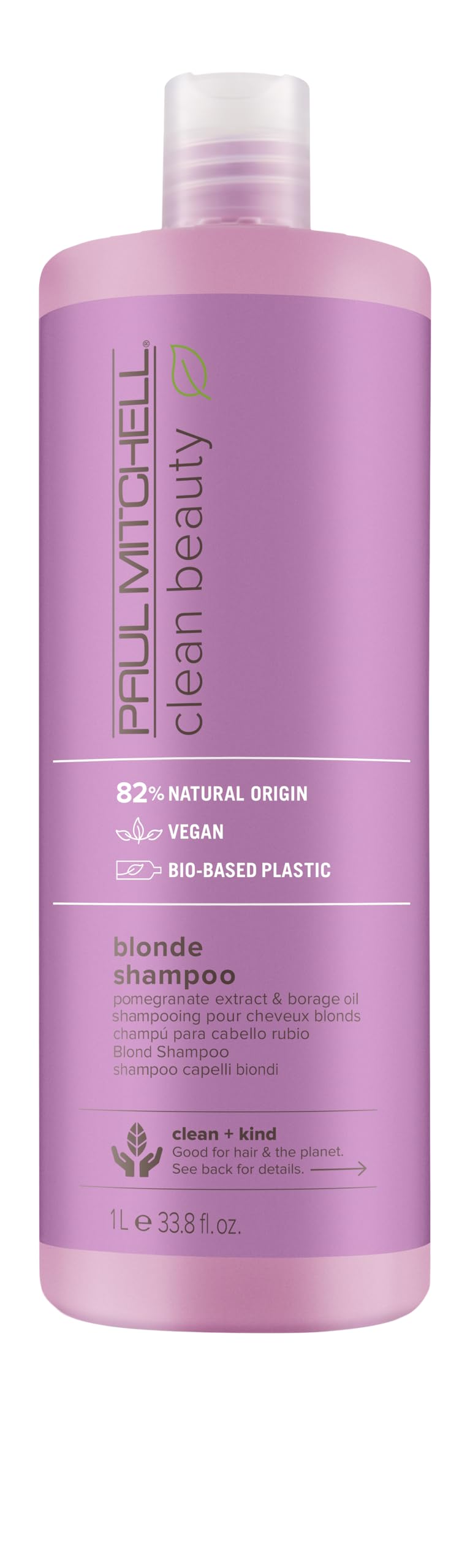 Paul Mitchell Clean Beauty Blonde Purple Shampoo bottle on vanity for bright blondes