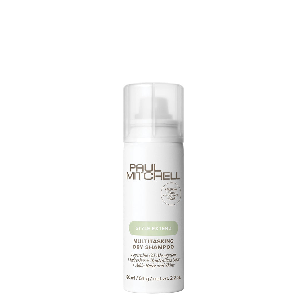 Paul Mitchell Multitasking Dry Shampoo bottle showing oil absorption at roots